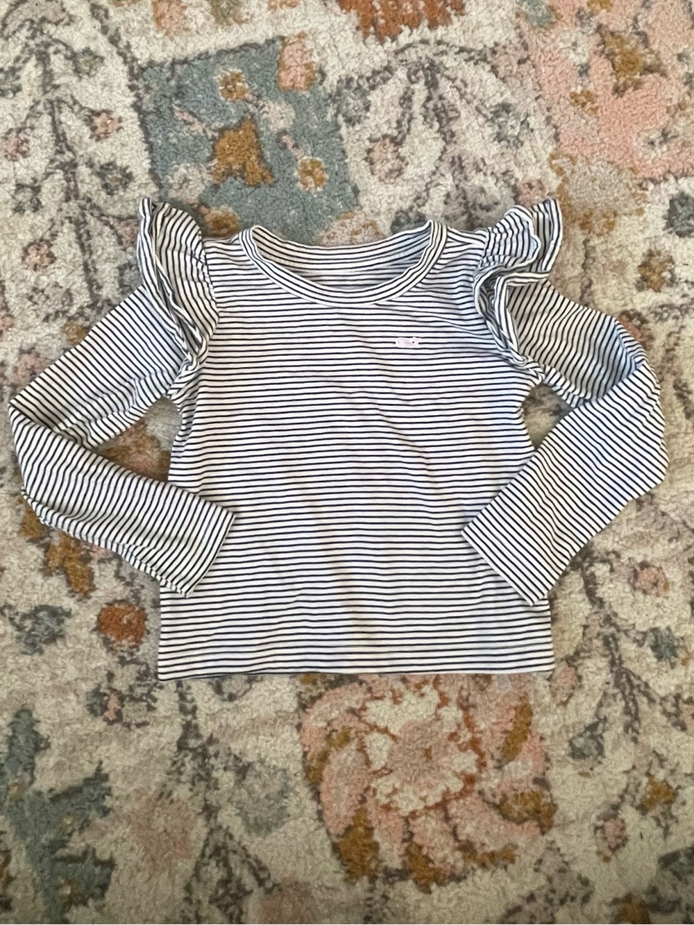 Vineyard Vines Girls' Long Sleeve Ruffle Shoulder Stripe Top - White & Black